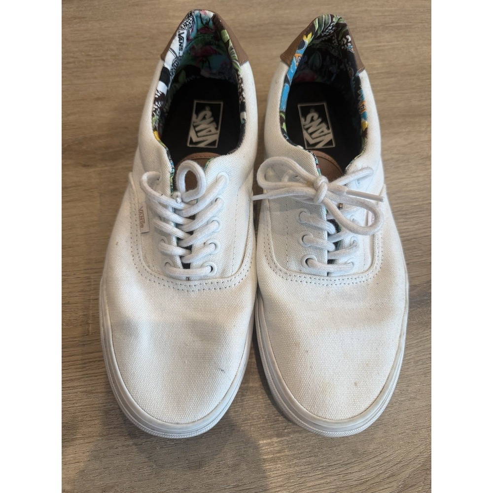 Van Low Sneakers White Men's Size 11 Hawaiian Print Inside Brown Leather Detail
